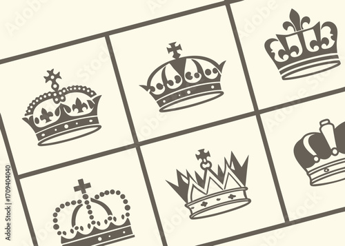 A collection of stylized crown illustrations on a grid background