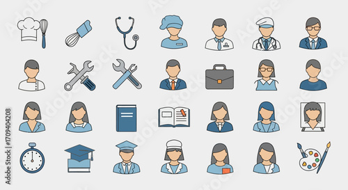 Flat lay of diverse profession icons; doctor, chef, engineer, teacher;  blue and white color scheme; against a light gray background.