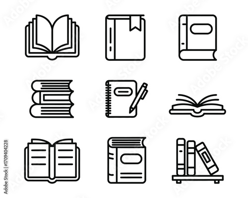 Collection of nine black line art book icons open book closed book