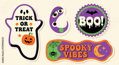 Five playful Halloween stickers featuring ghosts, bats, spiders, and pumpkins; flat lay design with pastel purple and orange tones against a cream background.