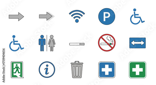 Close-up flat lay of various public information symbols including arrows, parking, wifi, accessibility, and restroom icons against a white background, conveying a clear