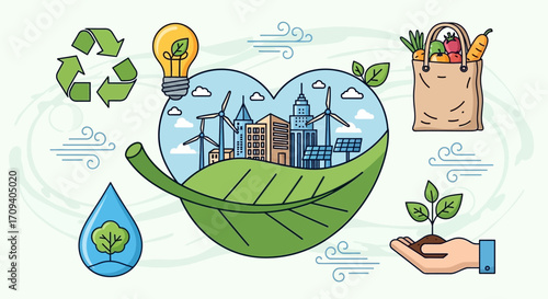 Flat-lay illustration of green city, renewable energy symbols, and reusable shopping bag, conveying an eco-friendly concept against a light green background.