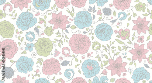 Pastel floral pattern seamless design with roses, lilies, and leaves; soft, romantic color palette; flat lay illustration against a white background.