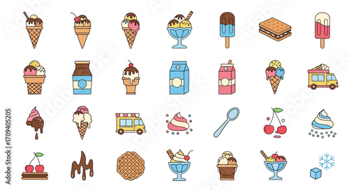 Flat lay of colorful ice cream cone and sundae icons, various desserts, milk cartons, and food truck illustrations against a white background; conveying a sweet and