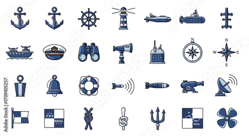 Flat lay of nautical icons; anchors, ships, and navigational tools; navy blue color scheme; against a white background.