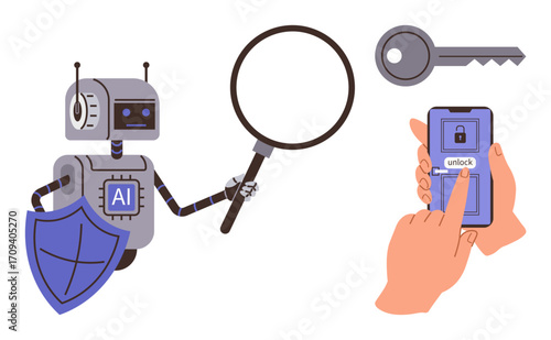 AI robot with shield and magnifying glass examines a key while a hand uses a smartphone for digital unlock. Ideal for cybersecurity, AI, technology, data protection, digital access, security