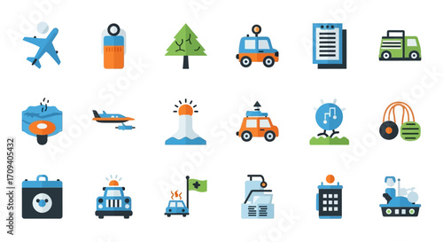 Flat lay of colorful transportation icons; airplane, car, truck, ship,  arranged against a white background in a bright, clean style.