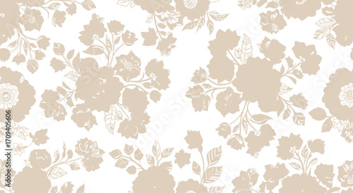 Beige floral pattern, seamless repeat textile design, minimalist style, flat lay, subtle texture, white background.
