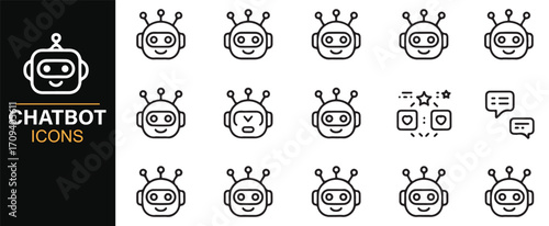 Outline style chatbot icons collection with AI robot faces and chat bubbles for digital design