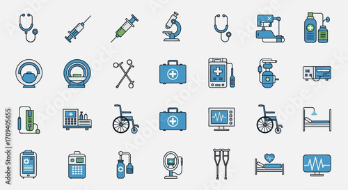 Flat lay of medical icons representing healthcare,  showing various medical equipment and symbols in blue and gray against a white background.