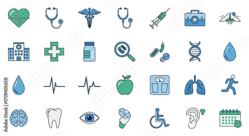 Flat lay of various healthcare icons; medical symbols, stethoscope, pills, and hospital;  teal and green color scheme; clean white background.