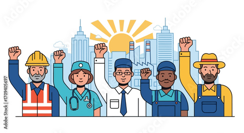 Diverse group of workers raising fists in solidarity, flat vector illustration against a cityscape background with a bright, optimistic mood.
