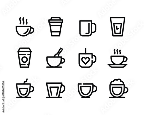 Collection of twelve black line art beverage icons coffee cups