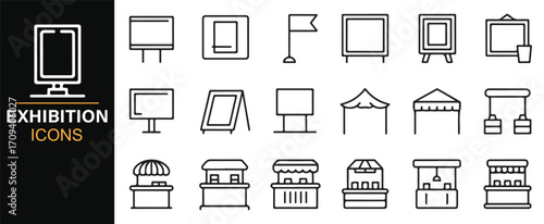 Business exhibition icons featuring fair booths, kiosks, banners, and signage outline style