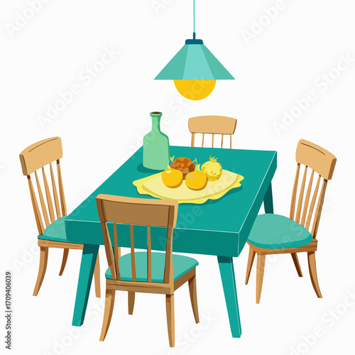 An inviting dining room vector illustration scene is set, featuring a vibrant teal dining table surrounded by matching chairs.