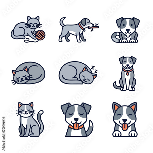 Nine flat-design illustrations of cute cats and dogs in various playful and resting poses against a white background, showcasing a cheerful and friendly mood with a