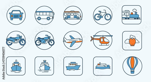 Flat lay of colorful transportation icons, including car, bus, train, and airplane,  illustrating various modes of travel against a light blue background, conveying a