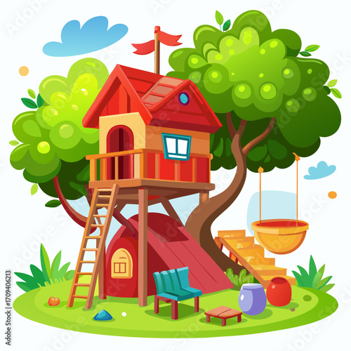 A vibrant and inviting vector illustration of a whimsical treehouse nestled among lush green trees, offering a playful retreat with a ladder, slide, and swing.