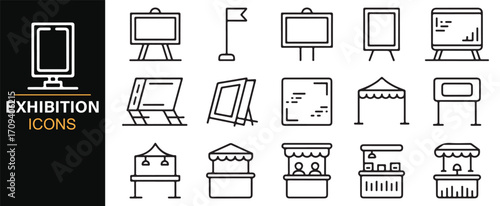 Modern minimal outline icon set of trade show marketing and promotional structures