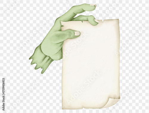 Watercolor zombie hand holding scroll spooky halloween creepy parchment Vector.