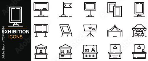 Collection of expo and trade fair symbols including display stands and kiosks in linear style