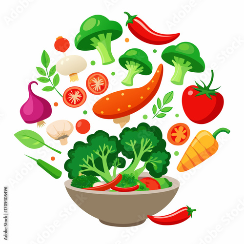 Wholesome Bowl vector illustration. A vibrant illustration features a delightful assortment of fresh, colorful vegetables, artistically arranged to inspire healthy eating and culinary creativity.