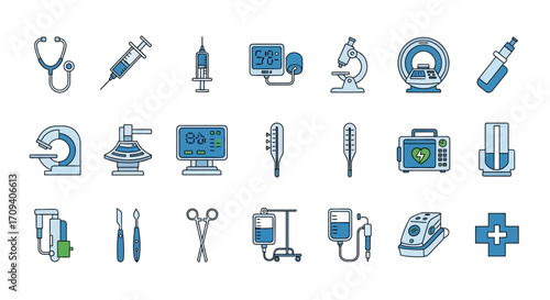 Flat lay of various medical icons, including a stethoscope, syringe, and microscope, in a clean, minimalist style with a cool blue color palette against a white