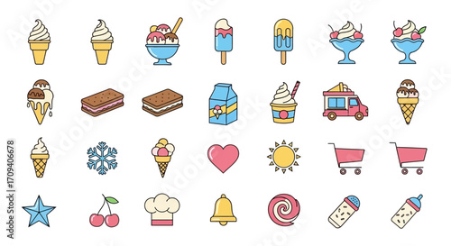Flat lay of colorful ice cream icons and related elements against a white background, showcasing various summer treats in a cheerful and bright style.