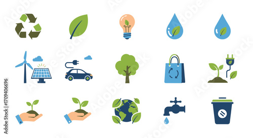 Flat lay of various eco-friendly icons including recycling, renewable energy, and water conservation, in a vibrant green and blue color scheme against a white background.
