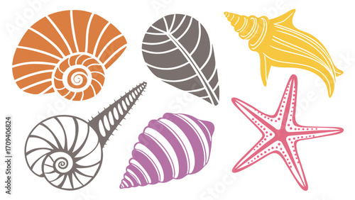 Colorful collection of stylized seashells and starfish
