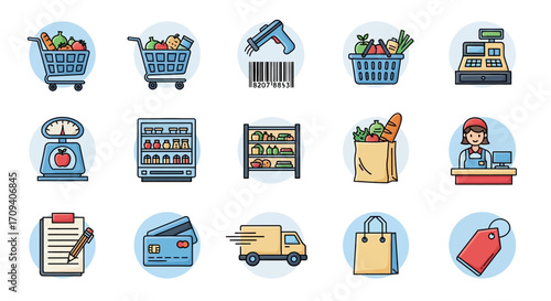 Flat lay of colorful grocery store icons including shopping carts, scales, and barcode scanner, depicting a vibrant and organized retail environment against a white