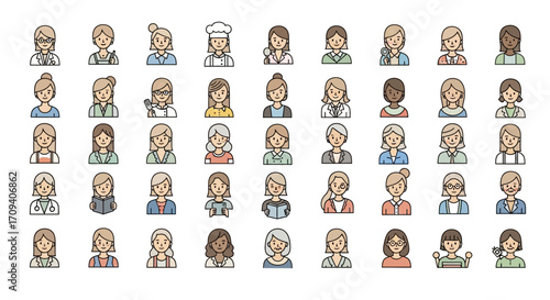Flat lay collection of diverse women avatars, showcasing various professions, with a pastel color palette against a white background.