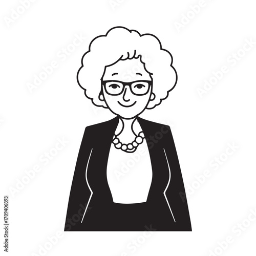 
Old woman in formal clothes black and white vector illustration simple minimalist portrait design