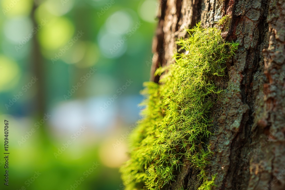 Obraz premium Lush Green Moss Growing on a Tree Trunk in a Forest, Close-Up Natural Texture Detail