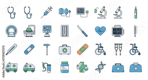 Flat lay of medical icons depicting healthcare equipment and symbols;  a clean, minimalist design with a calming blue and white color palette against a white background.