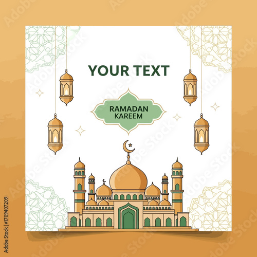 Flat lay illustration of a mosque with Ramadan Kareem text, gold and green lanterns, and ornate patterns against a white background, conveying a peaceful and spiritual