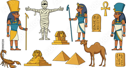 Ancient Egyptian cartoon characters, pyramids, pharaohs, mummy, camel, Sphinx, hieroglyphics, Egypt history, mythology, vector illustration, isolated clipart