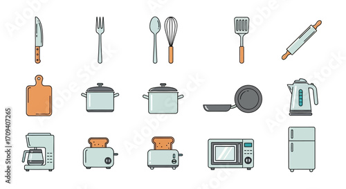 Flat lay of a collection of kitchen utensils and appliances, including knife, fork, spoon, whisk, spatula, rolling pin, cutting board, pots, pan, kettle, coffee maker,