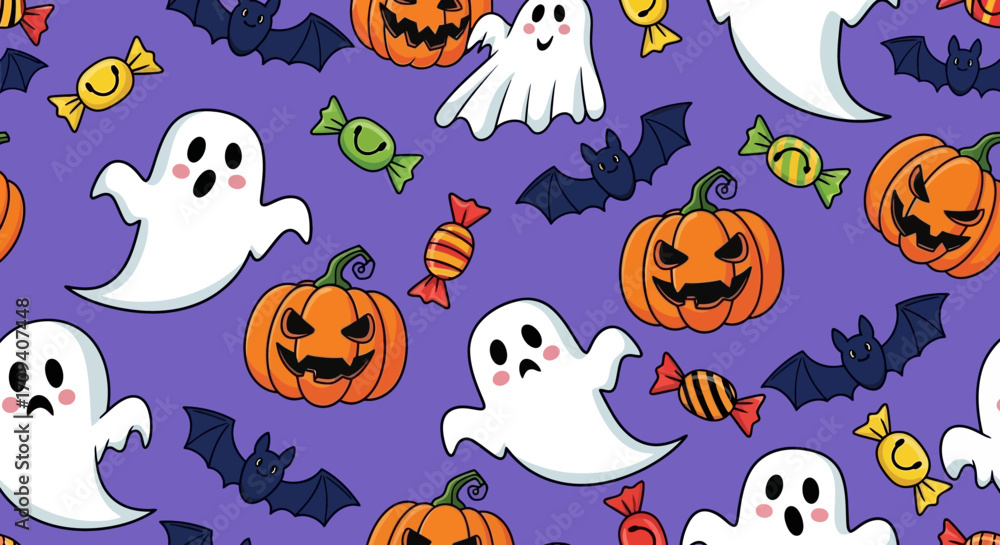 Fototapeta premium Flat lay seamless pattern featuring cute cartoon ghosts, pumpkins, bats, and candies on a purple background, creating a playful Halloween design.