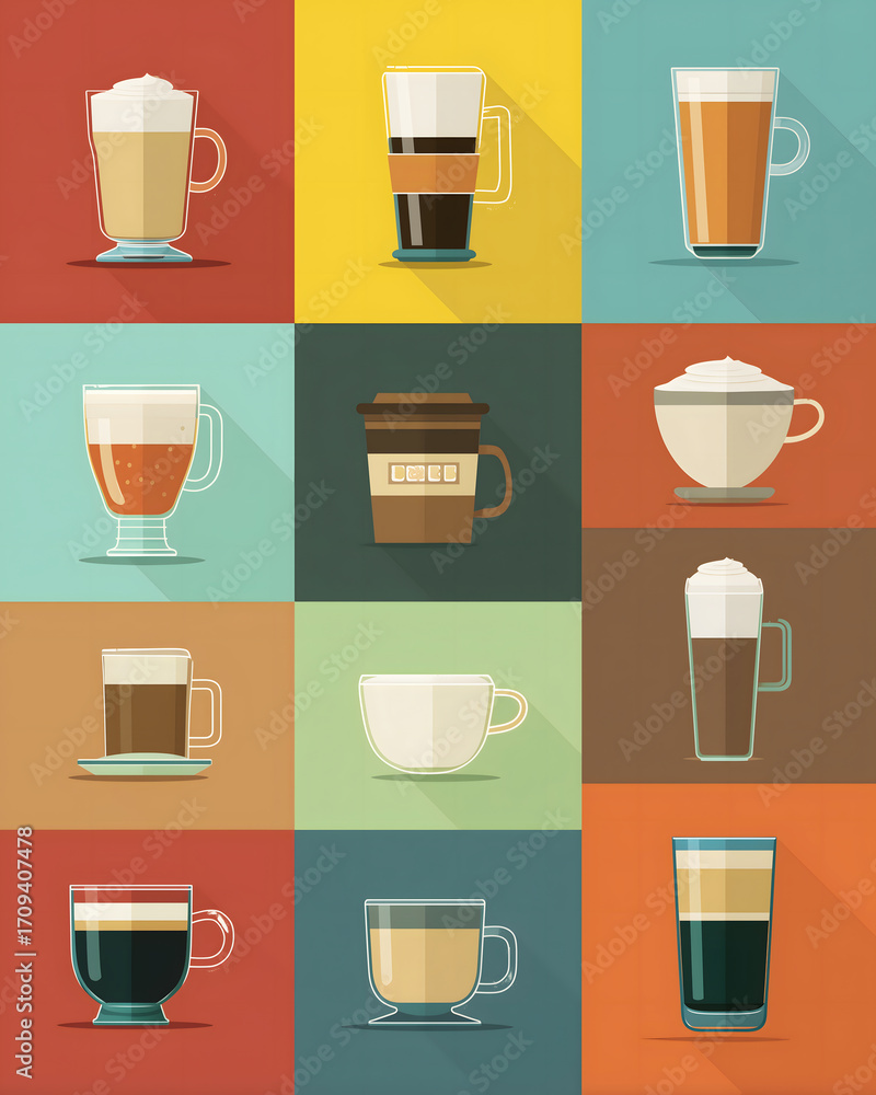 Fototapeta premium A diverse array of popular coffee preparations presented in various mugs and glasses, a colorful set of flat design vector icons
