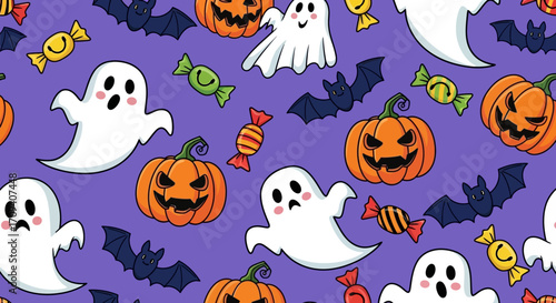Flat lay seamless pattern featuring cute cartoon ghosts, pumpkins, bats, and candies on a purple background, creating a playful Halloween design.