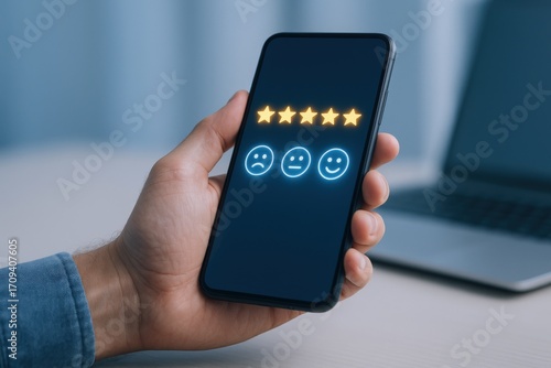 Wallpaper Mural Customer Feedback Concept: Hand Holding Smartphone Displaying Five Star Rating and Emoticons for User Experience Torontodigital.ca