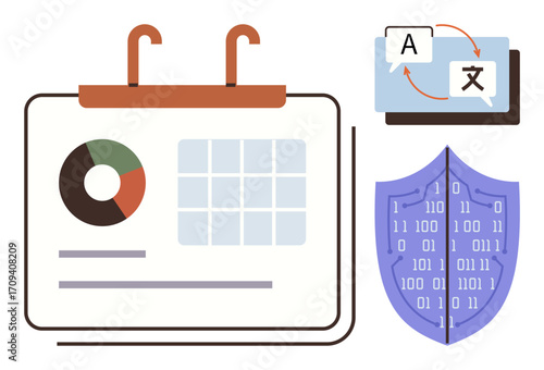 Calendar with pie chart and grid, language translation icons, and shield with binary code. Ideal for data organization, project planning, cybersecurity, multilingual tools, analytics, scheduling