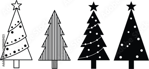 Art & IllustrationChristmas tree icons set, black and white holiday symbols, minimalist winter design elements, festive vector graphics, decorative pine trees