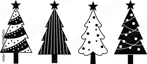 Art & IllustrationChristmas tree icons set, black and white holiday symbols, minimalist winter design elements, festive vector graphics, decorative pine trees