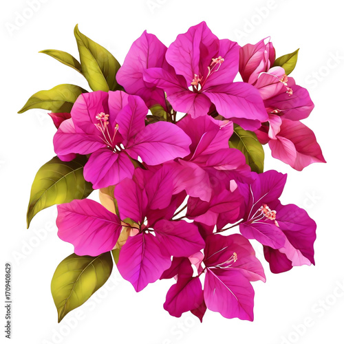 Vibrant Pink Bougainvillea Flowers with Green Leaves on White Background magenta fuchsia