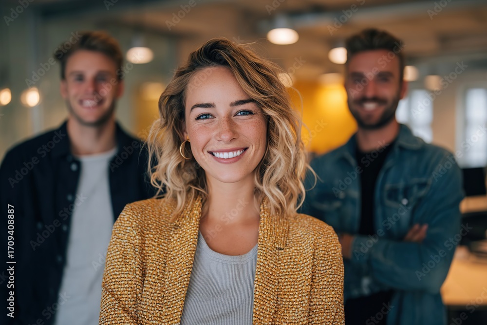 Fototapeta premium Three young adults smile in a modern office setting. A blond woman in a yellow jacket stands in front of two men with light brown hair, all appearing friendly and professional.