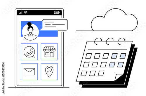 Smartphone interface featuring user profile, communication icons, location, store, mail, and a desk calendar. Ideal for technology, app design, scheduling networking planning business cloud