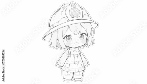 Cute firefighter character in a uniform with a brave smile, standing confidently