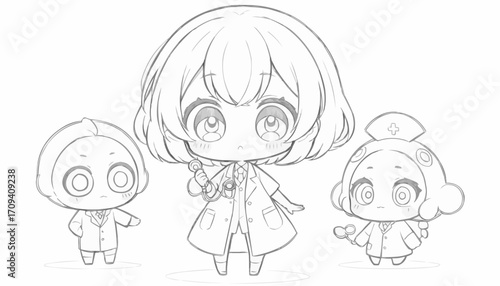 Cute teacher character surrounded by two adorable students, all smiling in a playful classroom setting